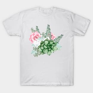 Pink and Green Succulent Bouquet with Cotton Plant T-Shirt